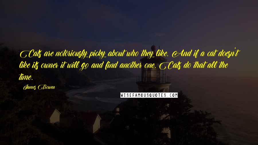 James Bowen Quotes: Cats are notoriously picky about who they like. And if a cat doesn't like its owner it will go and find another one. Cats do that all the time.