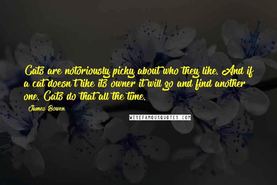 James Bowen Quotes: Cats are notoriously picky about who they like. And if a cat doesn't like its owner it will go and find another one. Cats do that all the time.