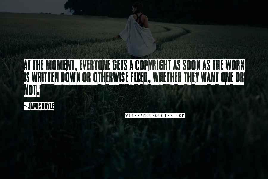 James Boyle Quotes: At the moment, everyone gets a copyright as soon as the work is written down or otherwise fixed, whether they want one or not.