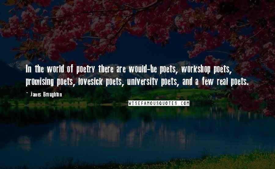 James Broughton Quotes: In the world of poetry there are would-be poets, workshop poets, promising poets, lovesick poets, university poets, and a few real poets.