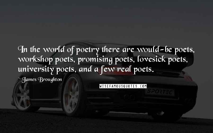 James Broughton Quotes: In the world of poetry there are would-be poets, workshop poets, promising poets, lovesick poets, university poets, and a few real poets.