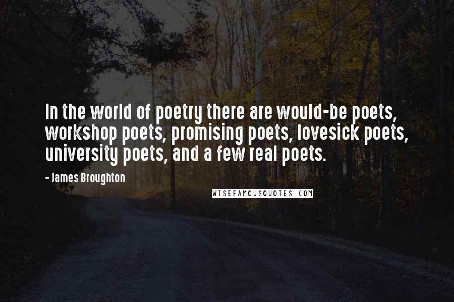 James Broughton Quotes: In the world of poetry there are would-be poets, workshop poets, promising poets, lovesick poets, university poets, and a few real poets.