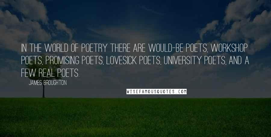 James Broughton Quotes: In the world of poetry there are would-be poets, workshop poets, promising poets, lovesick poets, university poets, and a few real poets.