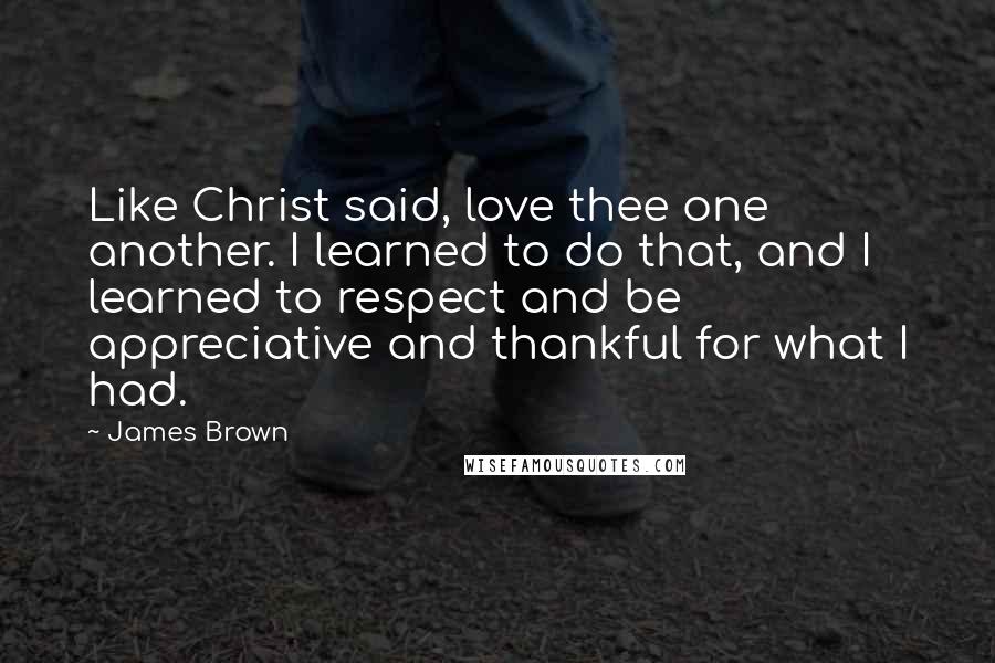 James Brown Quotes: Like Christ said, love thee one another. I learned to do that, and I learned to respect and be appreciative and thankful for what I had.