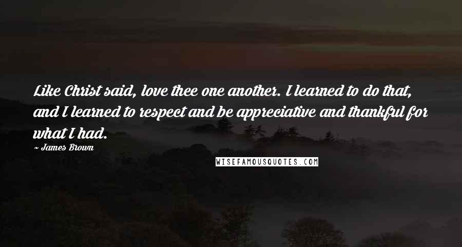 James Brown Quotes: Like Christ said, love thee one another. I learned to do that, and I learned to respect and be appreciative and thankful for what I had.
