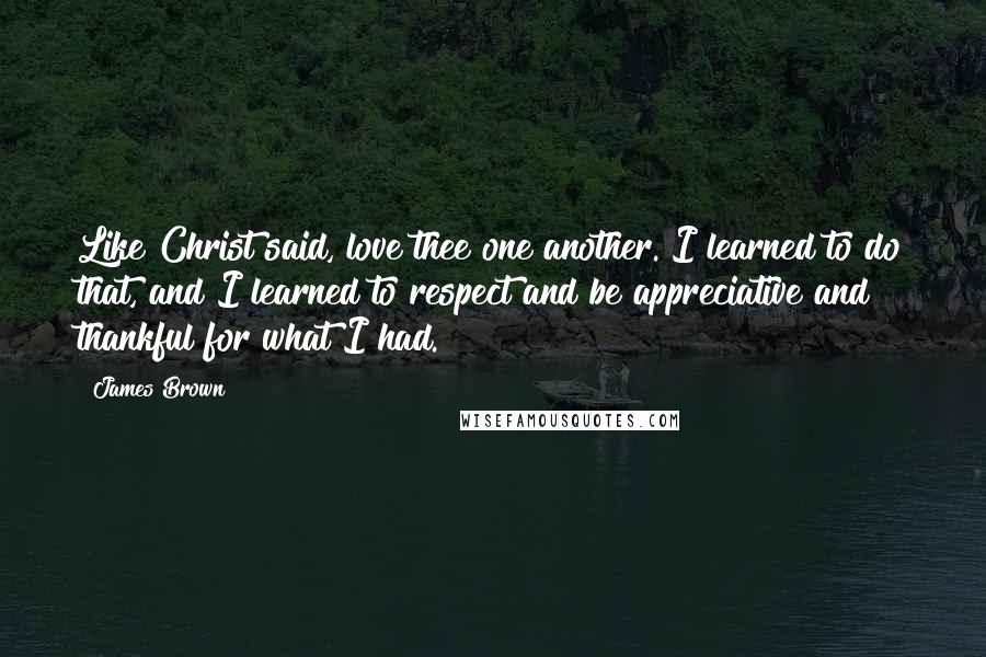 James Brown Quotes: Like Christ said, love thee one another. I learned to do that, and I learned to respect and be appreciative and thankful for what I had.