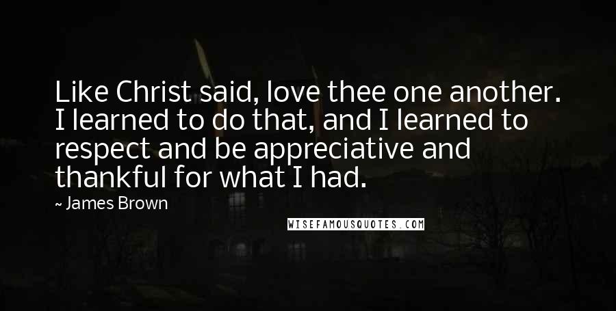 James Brown Quotes: Like Christ said, love thee one another. I learned to do that, and I learned to respect and be appreciative and thankful for what I had.
