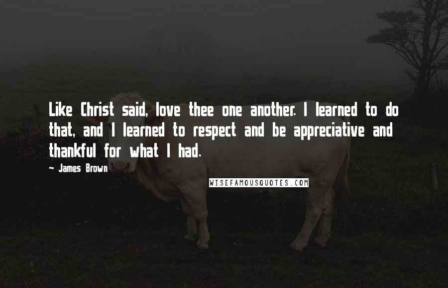James Brown Quotes: Like Christ said, love thee one another. I learned to do that, and I learned to respect and be appreciative and thankful for what I had.