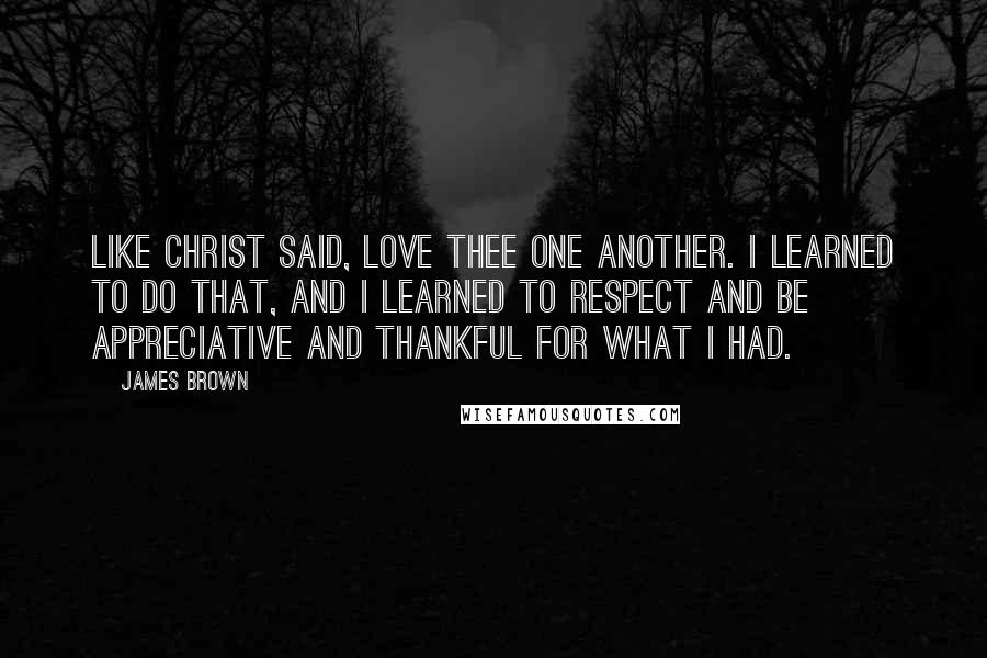 James Brown Quotes: Like Christ said, love thee one another. I learned to do that, and I learned to respect and be appreciative and thankful for what I had.