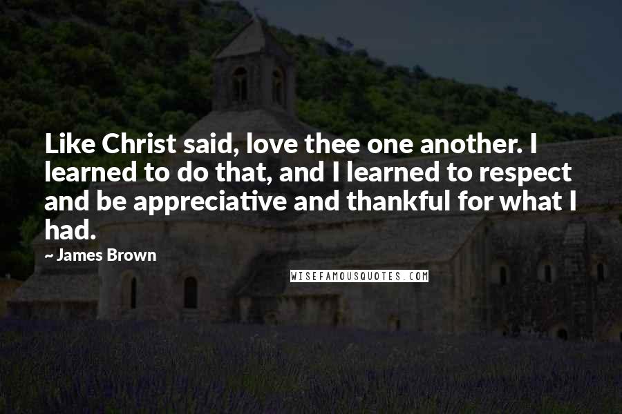James Brown Quotes: Like Christ said, love thee one another. I learned to do that, and I learned to respect and be appreciative and thankful for what I had.
