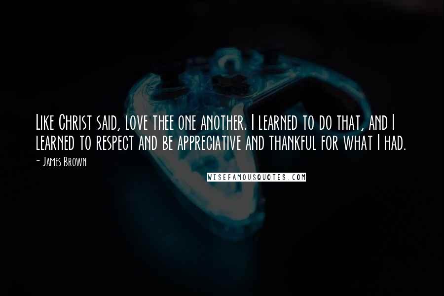 James Brown Quotes: Like Christ said, love thee one another. I learned to do that, and I learned to respect and be appreciative and thankful for what I had.