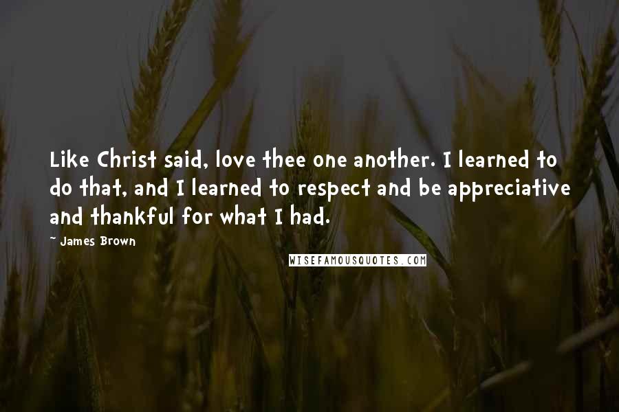 James Brown Quotes: Like Christ said, love thee one another. I learned to do that, and I learned to respect and be appreciative and thankful for what I had.