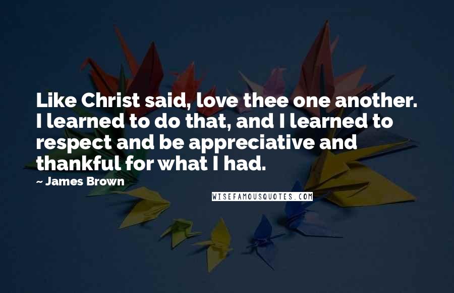 James Brown Quotes: Like Christ said, love thee one another. I learned to do that, and I learned to respect and be appreciative and thankful for what I had.