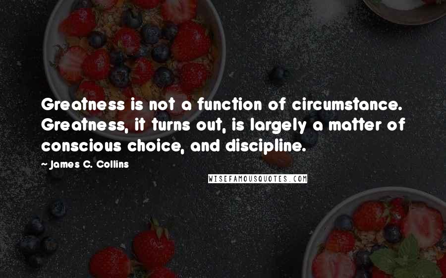 James C. Collins Quotes: Greatness is not a function of circumstance. Greatness, it turns out, is largely a matter of conscious choice, and discipline.