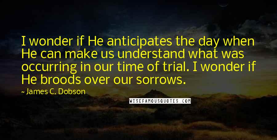 James C. Dobson Quotes: I wonder if He anticipates the day when He can make us understand what was occurring in our time of trial. I wonder if He broods over our sorrows.