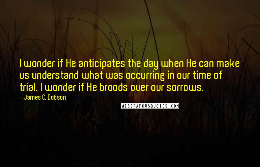 James C. Dobson Quotes: I wonder if He anticipates the day when He can make us understand what was occurring in our time of trial. I wonder if He broods over our sorrows.