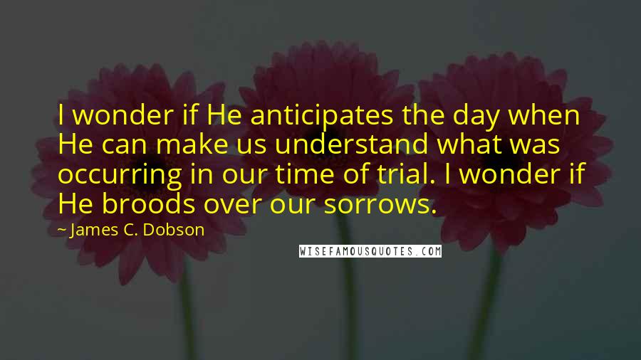James C. Dobson Quotes: I wonder if He anticipates the day when He can make us understand what was occurring in our time of trial. I wonder if He broods over our sorrows.
