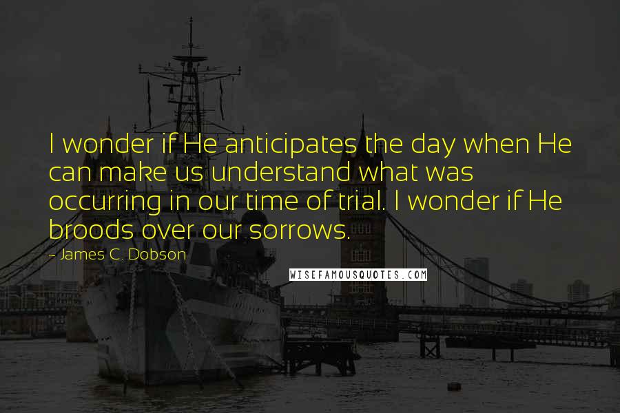 James C. Dobson Quotes: I wonder if He anticipates the day when He can make us understand what was occurring in our time of trial. I wonder if He broods over our sorrows.