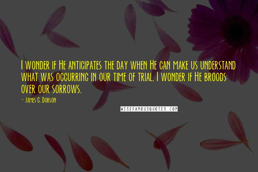 James C. Dobson Quotes: I wonder if He anticipates the day when He can make us understand what was occurring in our time of trial. I wonder if He broods over our sorrows.