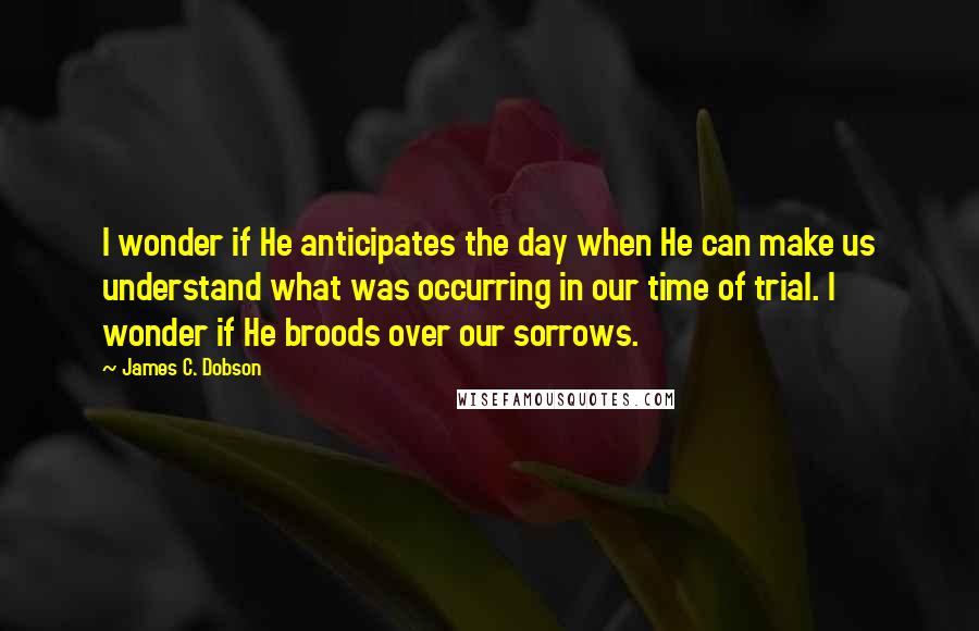 James C. Dobson Quotes: I wonder if He anticipates the day when He can make us understand what was occurring in our time of trial. I wonder if He broods over our sorrows.
