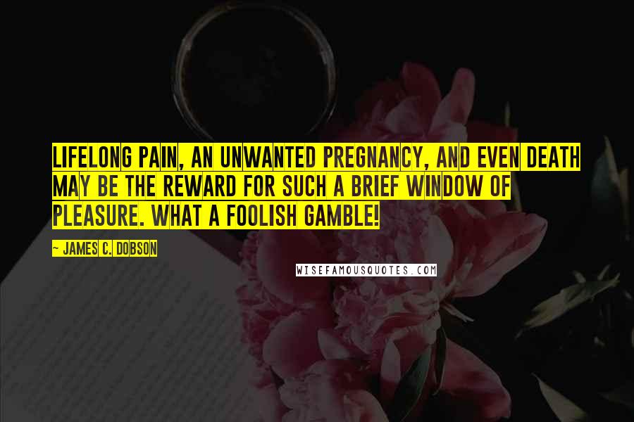 James C. Dobson Quotes: Lifelong pain, an unwanted pregnancy, and even death may be the reward for such a brief window of pleasure. What a foolish gamble!