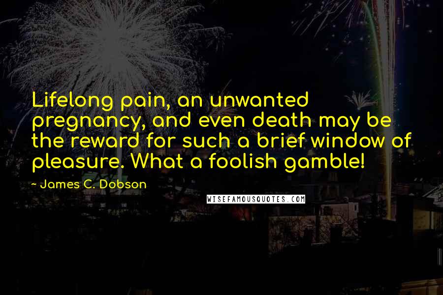 James C. Dobson Quotes: Lifelong pain, an unwanted pregnancy, and even death may be the reward for such a brief window of pleasure. What a foolish gamble!