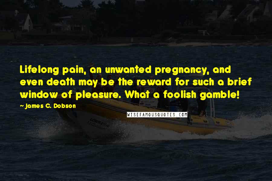 James C. Dobson Quotes: Lifelong pain, an unwanted pregnancy, and even death may be the reward for such a brief window of pleasure. What a foolish gamble!