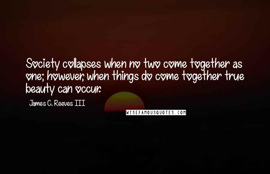 James C. Reeves III Quotes: Society collapses when no two come together as one; however, when things do come together true beauty can occur.