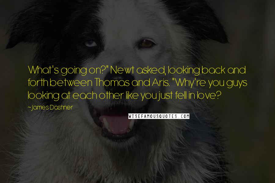 James Dashner Quotes: What's going on?" Newt asked, looking back and forth between Thomas and Aris. "Why're you guys looking at each other like you just fell in love?
