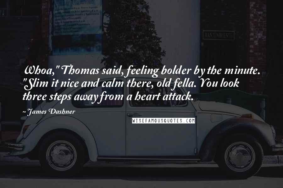 James Dashner Quotes: Whoa," Thomas said, feeling bolder by the minute. "Slim it nice and calm there, old fella. You look three steps away from a heart attack.