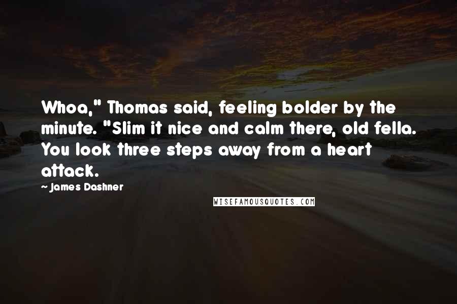 James Dashner Quotes: Whoa," Thomas said, feeling bolder by the minute. "Slim it nice and calm there, old fella. You look three steps away from a heart attack.