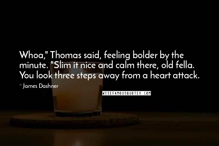 James Dashner Quotes: Whoa," Thomas said, feeling bolder by the minute. "Slim it nice and calm there, old fella. You look three steps away from a heart attack.