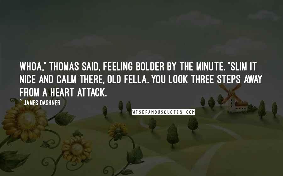James Dashner Quotes: Whoa," Thomas said, feeling bolder by the minute. "Slim it nice and calm there, old fella. You look three steps away from a heart attack.