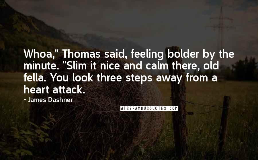 James Dashner Quotes: Whoa," Thomas said, feeling bolder by the minute. "Slim it nice and calm there, old fella. You look three steps away from a heart attack.