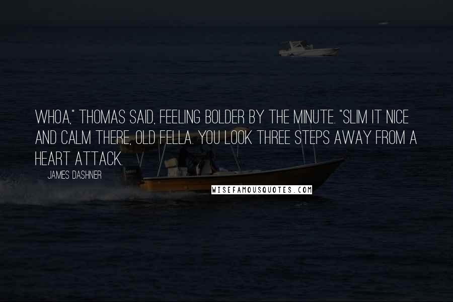 James Dashner Quotes: Whoa," Thomas said, feeling bolder by the minute. "Slim it nice and calm there, old fella. You look three steps away from a heart attack.