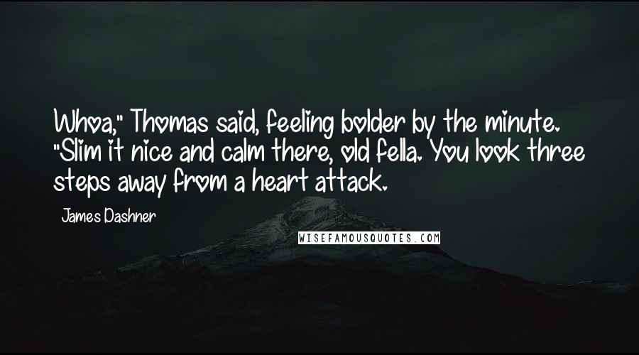 James Dashner Quotes: Whoa," Thomas said, feeling bolder by the minute. "Slim it nice and calm there, old fella. You look three steps away from a heart attack.