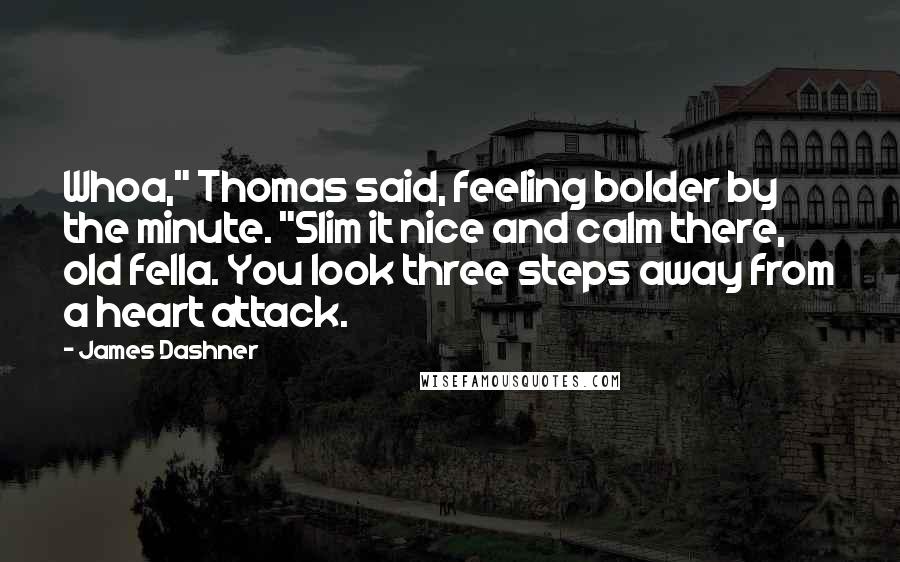 James Dashner Quotes: Whoa," Thomas said, feeling bolder by the minute. "Slim it nice and calm there, old fella. You look three steps away from a heart attack.