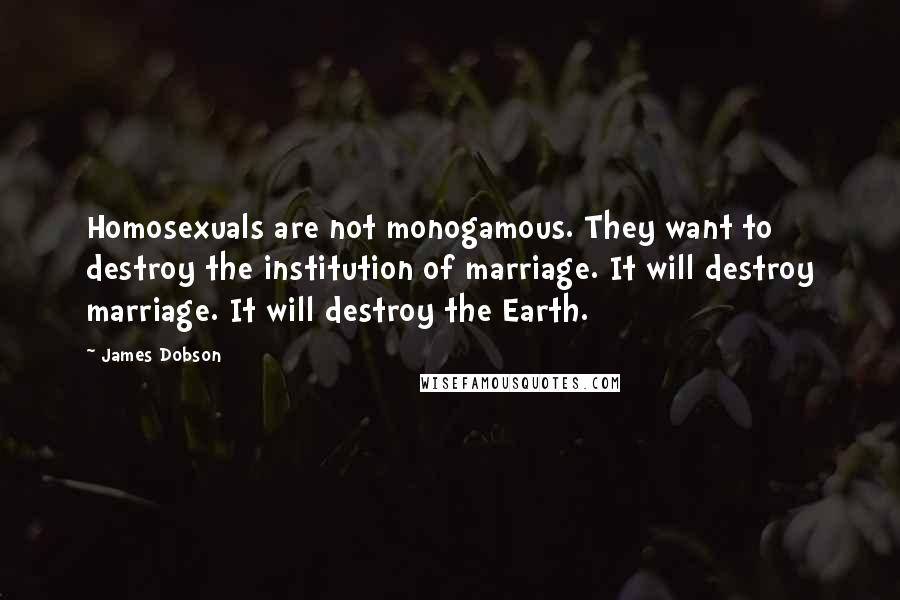 James Dobson Quotes: Homosexuals are not monogamous. They want to destroy the institution of marriage. It will destroy marriage. It will destroy the Earth.