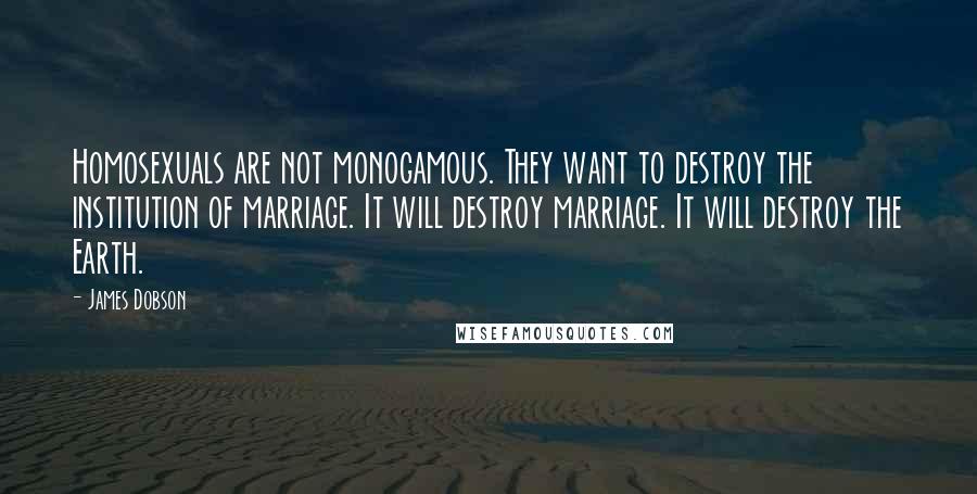 James Dobson Quotes: Homosexuals are not monogamous. They want to destroy the institution of marriage. It will destroy marriage. It will destroy the Earth.