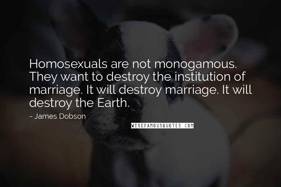 James Dobson Quotes: Homosexuals are not monogamous. They want to destroy the institution of marriage. It will destroy marriage. It will destroy the Earth.