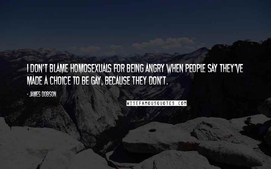 James Dobson Quotes: I don't blame homosexuals for being angry when people say they've made a choice to be gay, because they don't.