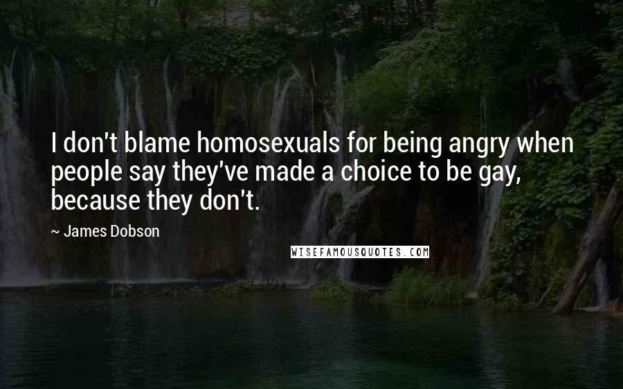 James Dobson Quotes: I don't blame homosexuals for being angry when people say they've made a choice to be gay, because they don't.