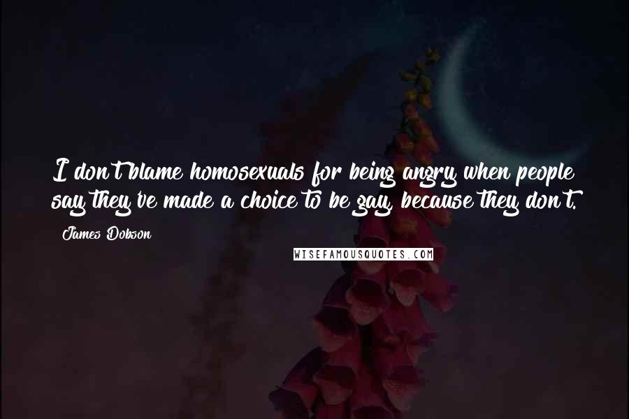 James Dobson Quotes: I don't blame homosexuals for being angry when people say they've made a choice to be gay, because they don't.