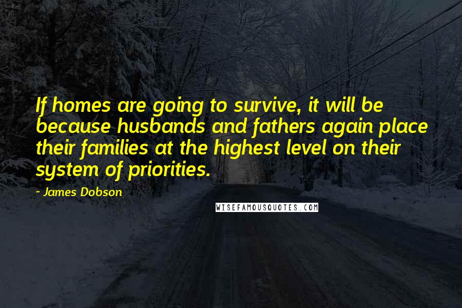 James Dobson Quotes: If homes are going to survive, it will be because husbands and fathers again place their families at the highest level on their system of priorities.