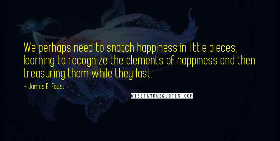 James E. Faust Quotes: We perhaps need to snatch happiness in little pieces, learning to recognize the elements of happiness and then treasuring them while they last.