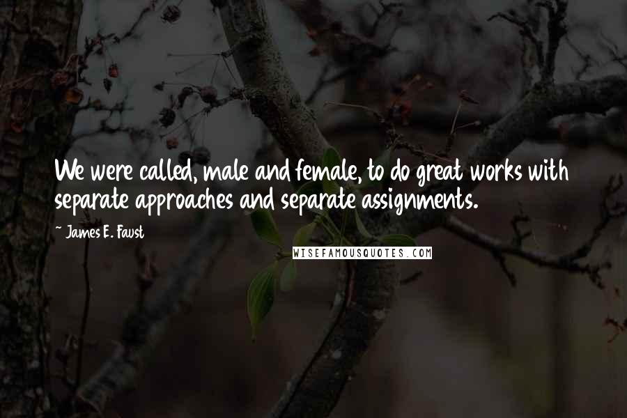 James E. Faust Quotes: We were called, male and female, to do great works with separate approaches and separate assignments.