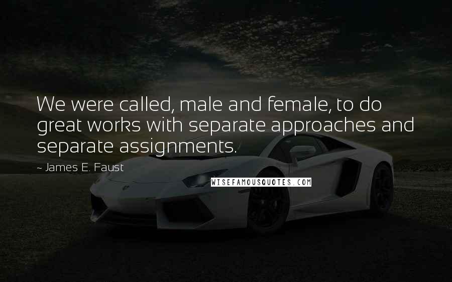 James E. Faust Quotes: We were called, male and female, to do great works with separate approaches and separate assignments.
