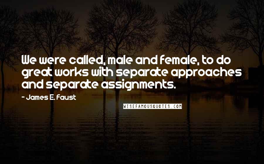James E. Faust Quotes: We were called, male and female, to do great works with separate approaches and separate assignments.