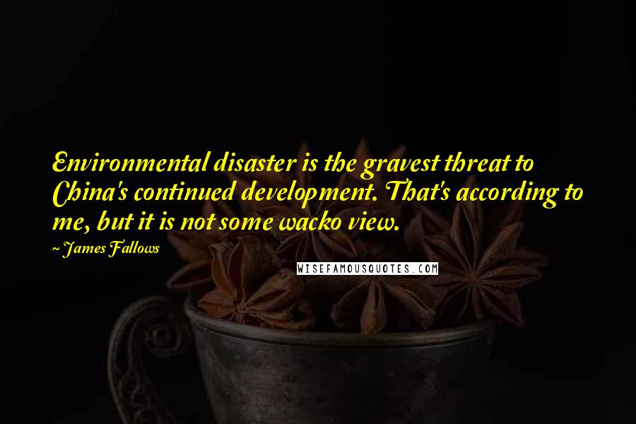 James Fallows Quotes: Environmental disaster is the gravest threat to China's continued development. That's according to me, but it is not some wacko view.