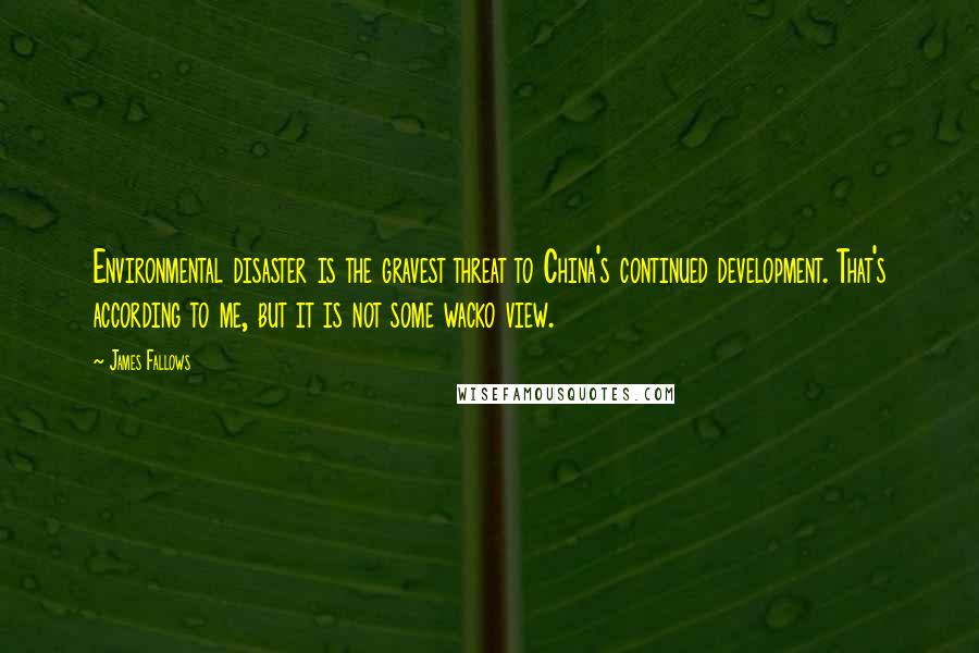 James Fallows Quotes: Environmental disaster is the gravest threat to China's continued development. That's according to me, but it is not some wacko view.
